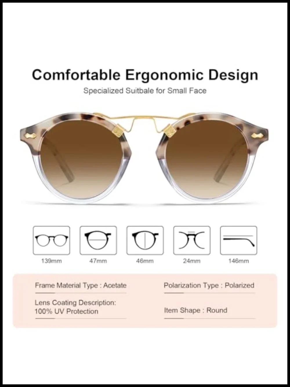 Double Bridge Retro Round Acetate Sunglasses for Women Polarized UV Protection